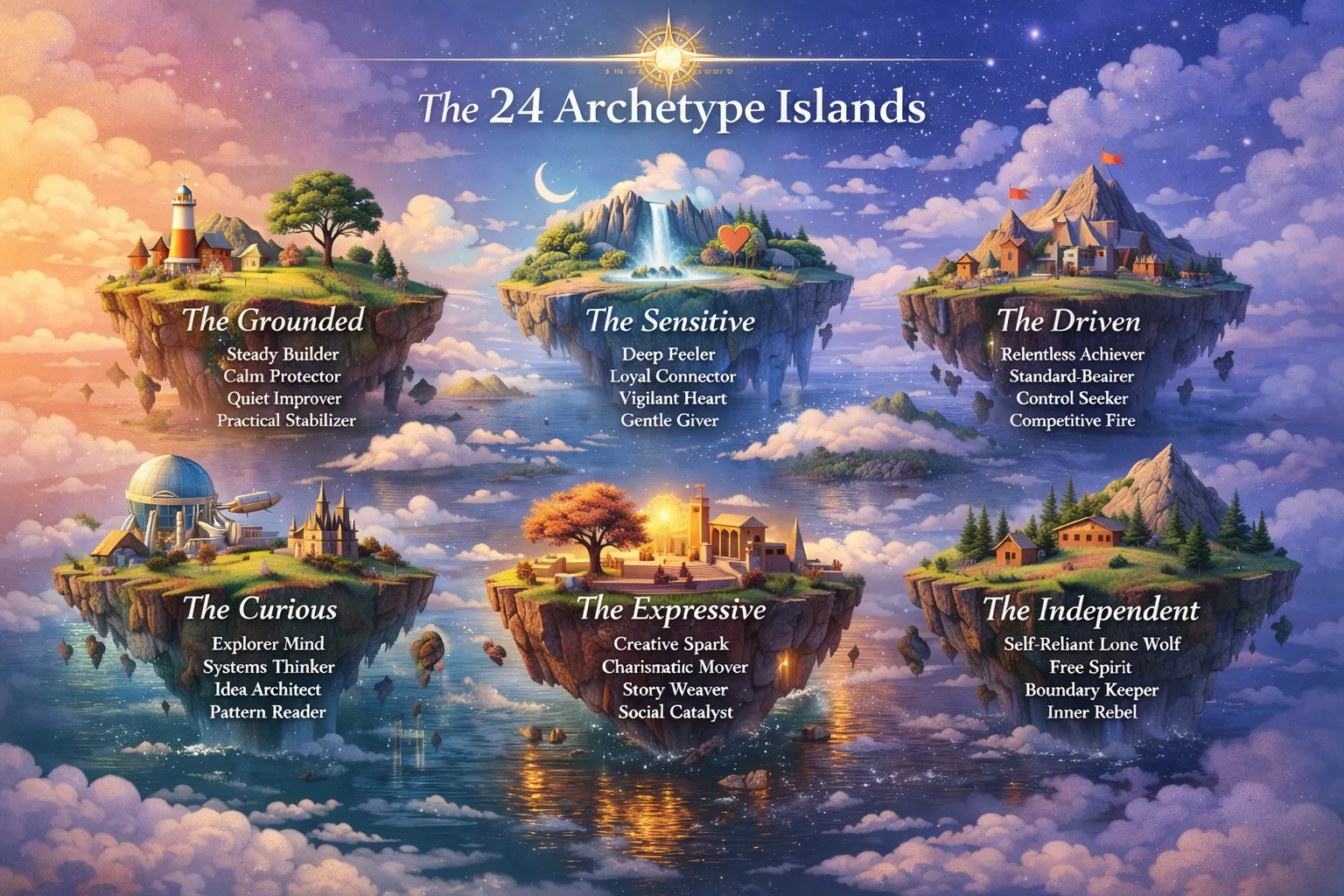 The six archetype islands of TestYourGenius